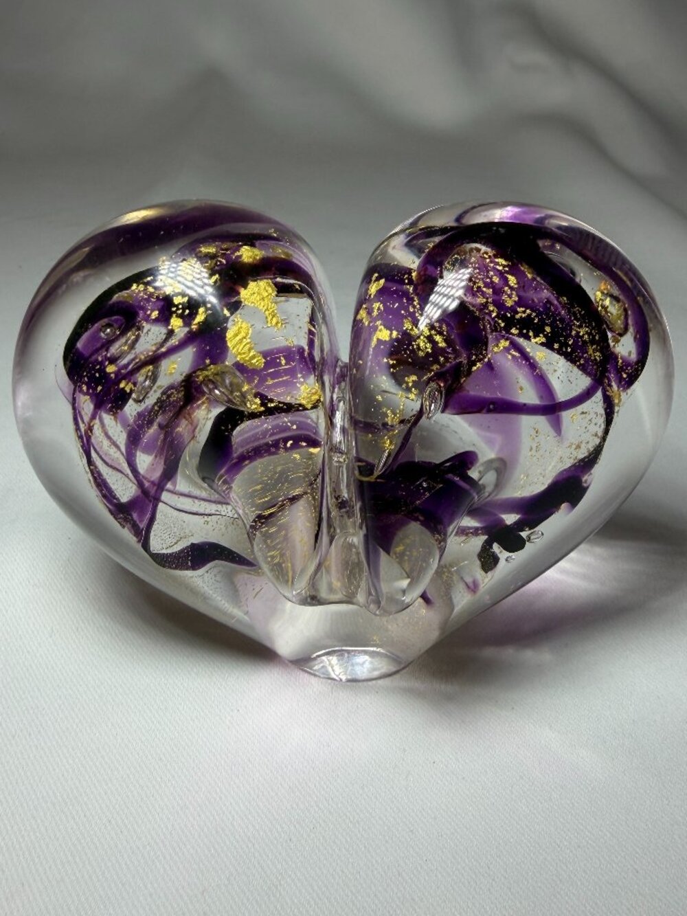 Donna Gordon Signed Hand-Blown Glass Heart Paperweight Purple Gold Leaf 2011 GUC